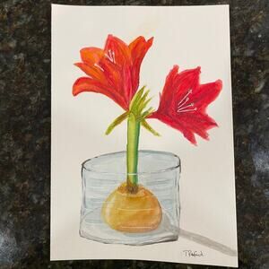 Hand painted watercolor original painting Christmas lily